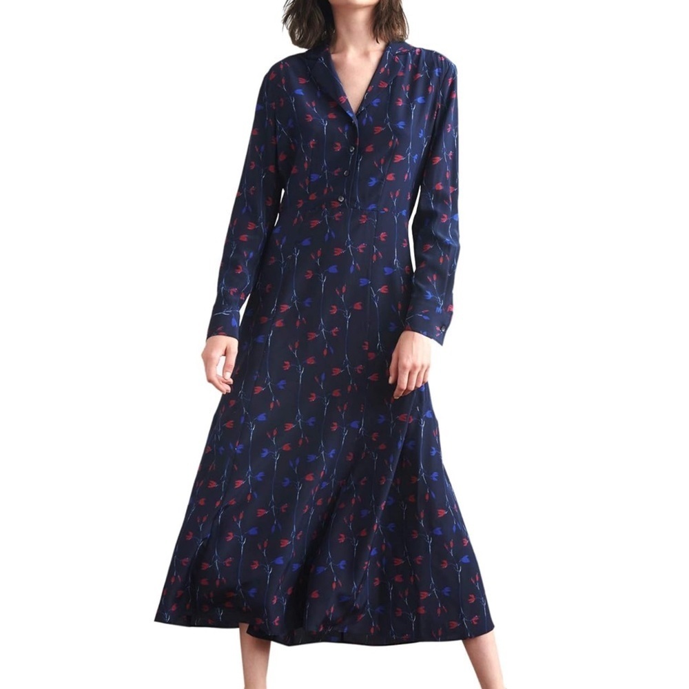 Thakoon Navy Blue Floral Silk Collared Long Sleeve Shirt Midi Dress Size 2